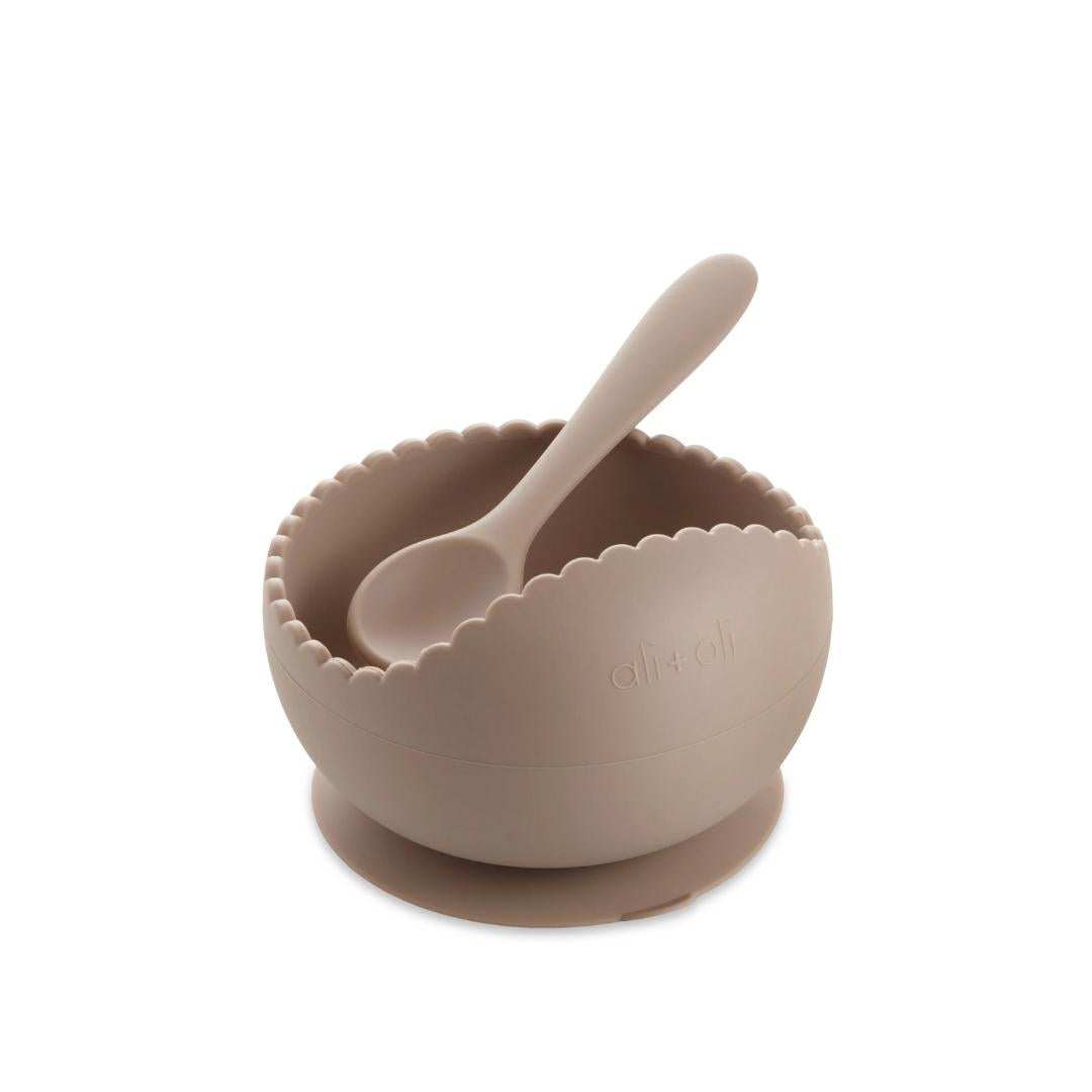 Ali+Oli Silicone Suction Bowl & Spoon Set (Wavy) - Taupe