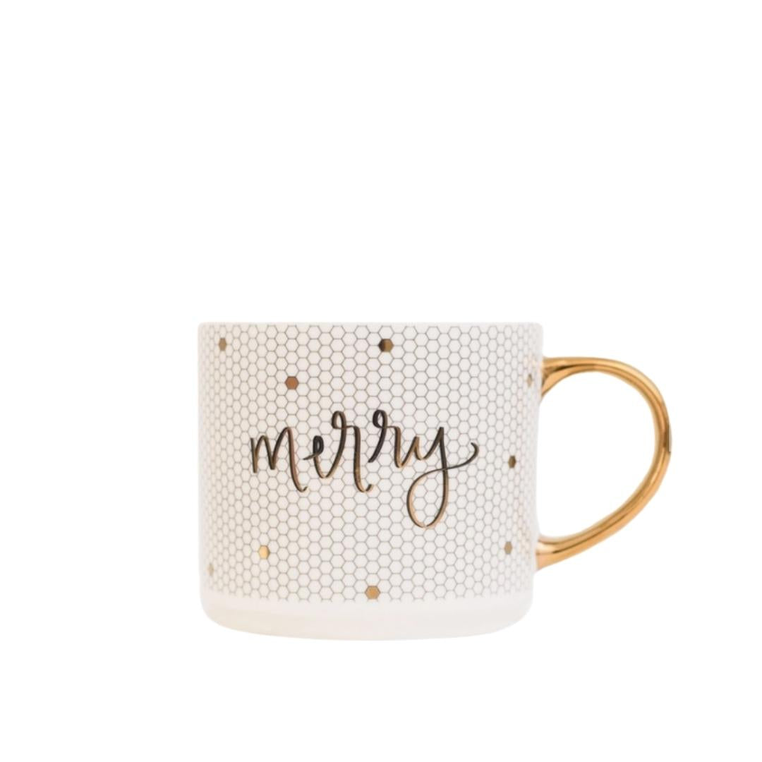 Merry - Taza de Café con Letras a Mano en Azulejo Dorado y Blanco - 17 oz